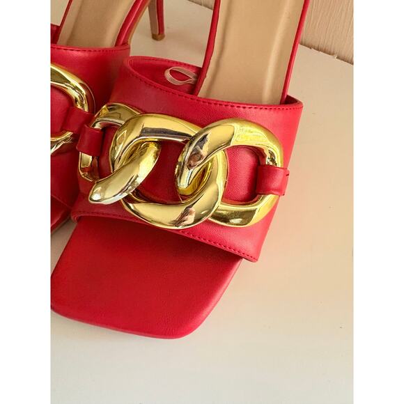 Bisou Bisou Michele Bohbot Red Mules Heels Gold Chain Slide Sandals Size 10 - Picture 2 of 7